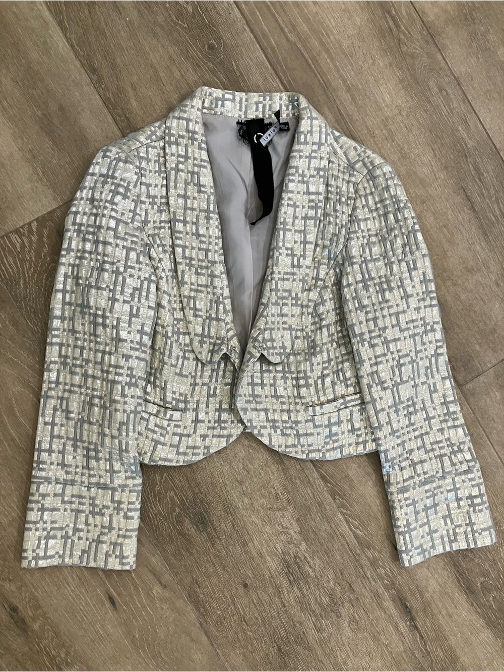 Poleci Light Gray and Cream Cropped Blazer